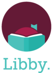 Libby logo, link to Libby's collection of digital reading and listening material from eLM.