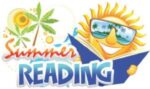 Graphic with a comic sun wearing sunglasses reading a book. Slogan: Summer Reading.