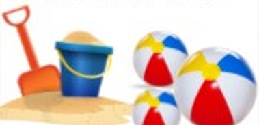 A colorful image showing beach balls and a sand bucket with toy shovel.